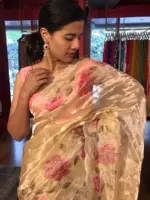 Ivory Handpainted Tissue Silk Saree with Scalloped Edging