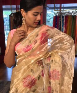 Ivory Handpainted Tissue Silk Saree with Scalloped Edging