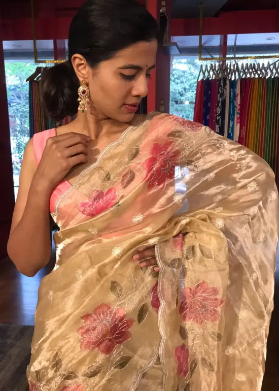 Ivory Handpainted Tissue Silk Saree with Scalloped Edging