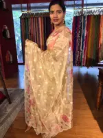 Ivory Handpainted Tissue Silk Saree with Scalloped Edging - Image 3