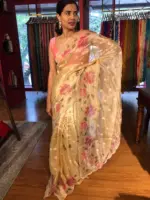 Ivory Handpainted Tissue Silk Saree with Scalloped Edging - Image 5