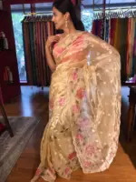 Ivory Handpainted Tissue Silk Saree with Scalloped Edging - Image 6