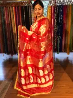 Red Tissue Silk Saree with Beautiful Gold Zari Weaves and Gota Patti Border - Image 6