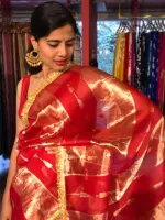 Red Tissue Silk Saree with Beautiful Gold Zari Weaves and Gota Patti Border - Image 5