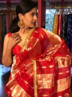 Red Tissue Silk Saree with Beautiful Gold Zari Weaves and Gota Patti Border - Image 8