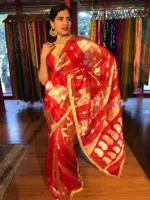 Red Tissue Silk Saree with Beautiful Gold Zari Weaves and Gota Patti Border - Image 7
