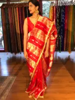 Red Tissue Silk Saree with Beautiful Gold Zari Weaves and Gota Patti Border - Image 10
