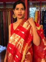 Red Tissue Silk Saree with Beautiful Gold Zari Weaves and Gota Patti Border - Image 9
