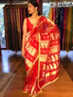 Red Tissue Silk Saree with Beautiful Gold Zari Weaves and Gota Patti Border - Image 11