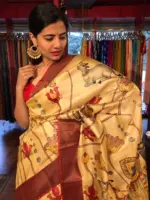Ivory Handpainted Tussar Silk Saree