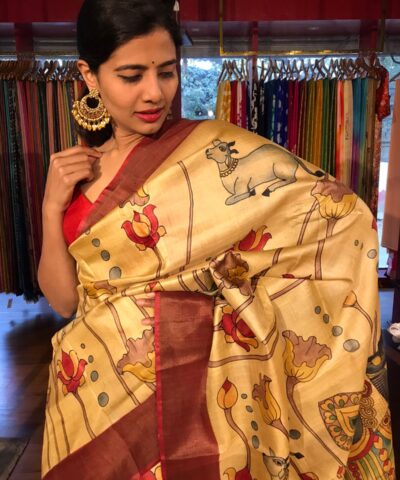Ivory Handpainted Tussar Silk Saree