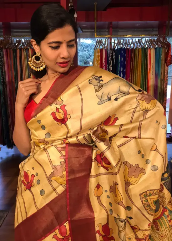 Ivory Handpainted Tussar Silk Saree