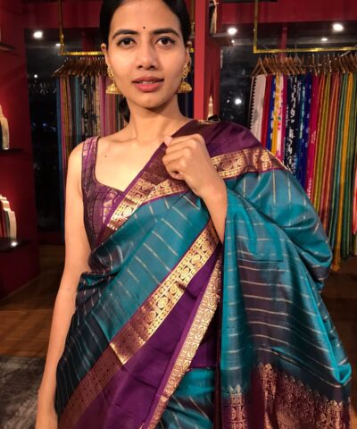 Peacock Blue Kanchivaram Silk Saree with contrast Border