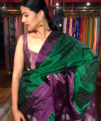 Bottle Green Kanchivaram Silk Saree with contrast Border