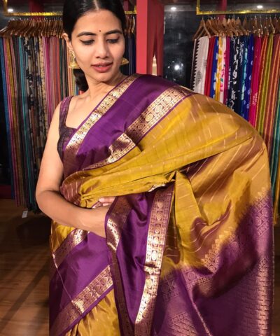 Mustard Yellow Kanchivaram Silk Saree with contrast Border