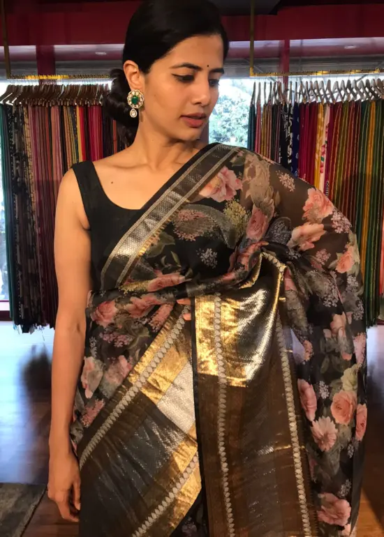 Black Organza Silk Saree with Kanchi Zari Border