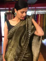 Olive Green Tissue Silk Saree with Embroidery - Image 2