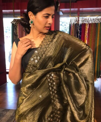 Olive Green Tissue Silk Saree with Embroidery