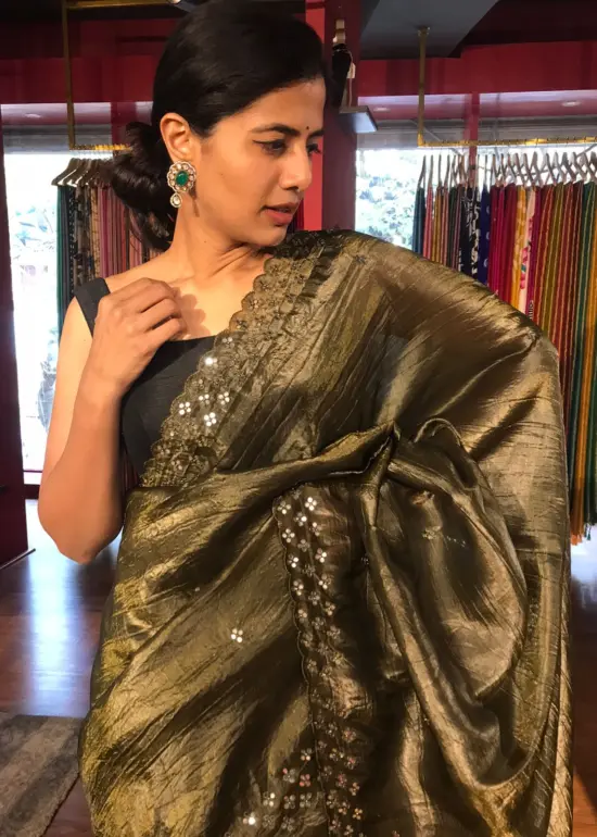 Olive Green Tissue Silk Saree with Embroidery