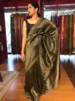 Olive Green Tissue Silk Saree with Embroidery - Image 3