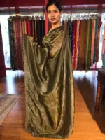Olive Green Tissue Silk Saree with Embroidery - Image 4