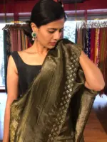 Olive Green Tissue Silk Saree with Embroidery - Image 6