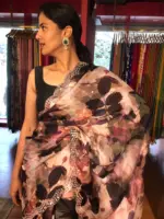 Brown Printed Crepe Silk Saree with Embroidery - Image 5