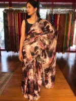 Brown Printed Crepe Silk Saree with Embroidery - Image 4