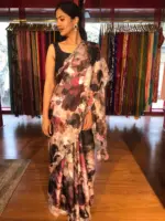 Brown Printed Crepe Silk Saree with Embroidery - Image 3