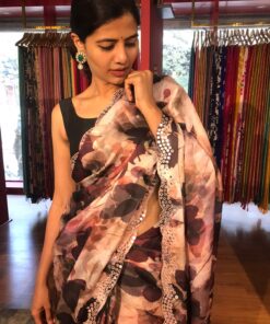 Brown Printed Crepe Silk Saree with Embroidery