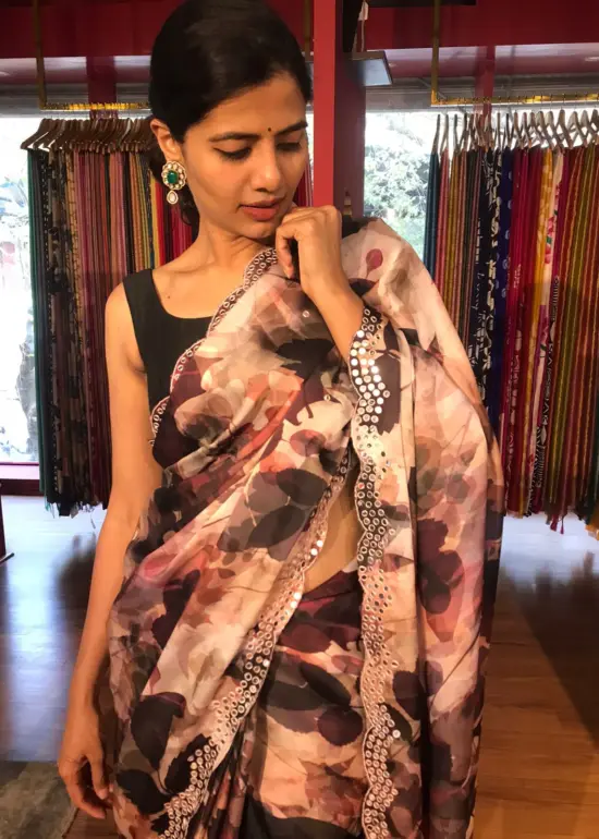 Brown Printed Crepe Silk Saree with Embroidery