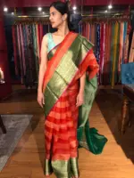 Tomato Red Organza Silk Saree highlighted with Kanchi Zari Border - Image 2