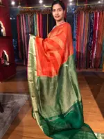 Tomato Red Organza Silk Saree highlighted with Kanchi Zari Border - Image 4