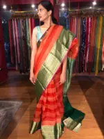 Tomato Red Organza Silk Saree highlighted with Kanchi Zari Border - Image 3