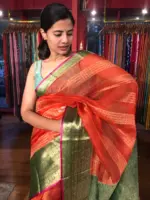Tomato Red Organza Silk Saree highlighted with Kanchi Zari Border - Image 5