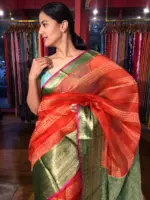 Tomato Red Organza Silk Saree highlighted with Kanchi Zari Border - Image 6
