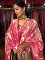 Pink Banarasi Tissue Silk Dupatta with Beautiful Gold Zari Weaves adorned with Gold Tassels