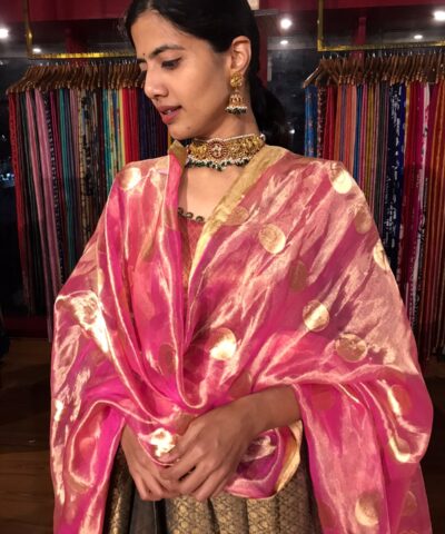 Pink Banarasi Tissue Silk Dupatta with Beautiful Gold Zari Weaves adorned with Gold Tassels