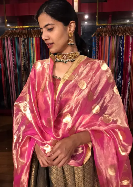 Pink Banarasi Tissue Silk Dupatta with Beautiful Gold Zari Weaves adorned with Gold Tassels