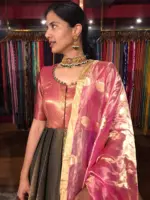 Pink Banarasi Tissue Silk Dupatta with Beautiful Gold Zari Weaves adorned with Gold Tassels - Image 3
