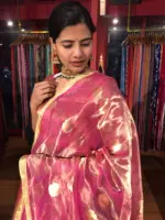 Pink Banarasi Tissue Silk Dupatta with Beautiful Gold Zari Weaves adorned with Gold Tassels - Image 2