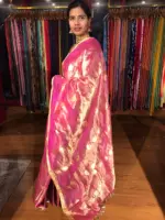 Pink Banarasi Tissue Silk Dupatta with Beautiful Gold Zari Weaves adorned with Gold Tassels - Image 5