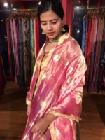 Pink Banarasi Tissue Silk Dupatta with Beautiful Gold Zari Weaves adorned with Gold Tassels - Image 4