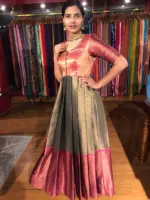 Grey Zari Woven Pleated Banarasi Silk Dress - Image 2
