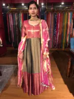 Grey Zari Woven Pleated Banarasi Silk Dress - Image 4