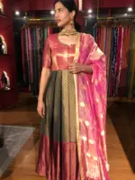 Grey Zari Woven Pleated Banarasi Silk Dress - Image 7