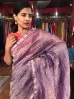 Purple Crushed Tissue Silk Saree with Gold Woven border