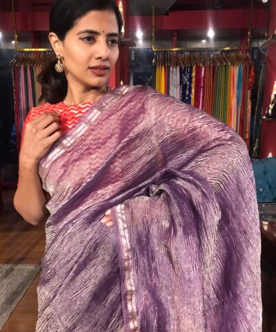 Purple Crushed Tissue Silk Saree with Gold Woven border