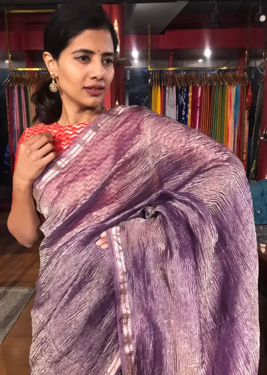 Purple Crushed Tissue Silk Saree with Gold Woven border