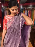 Purple Crushed Tissue Silk Saree with Gold Woven border - Image 4